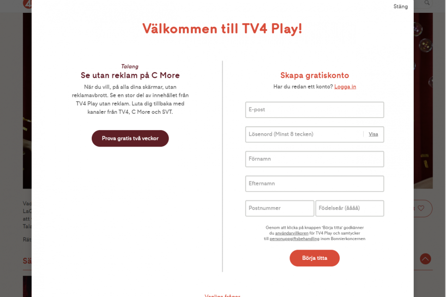 Signup form at tv4play.se